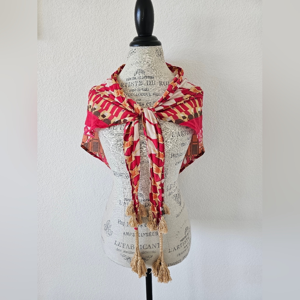 William Rast Red Geometric Tassel Scarf - Southwestern Boho Wrap